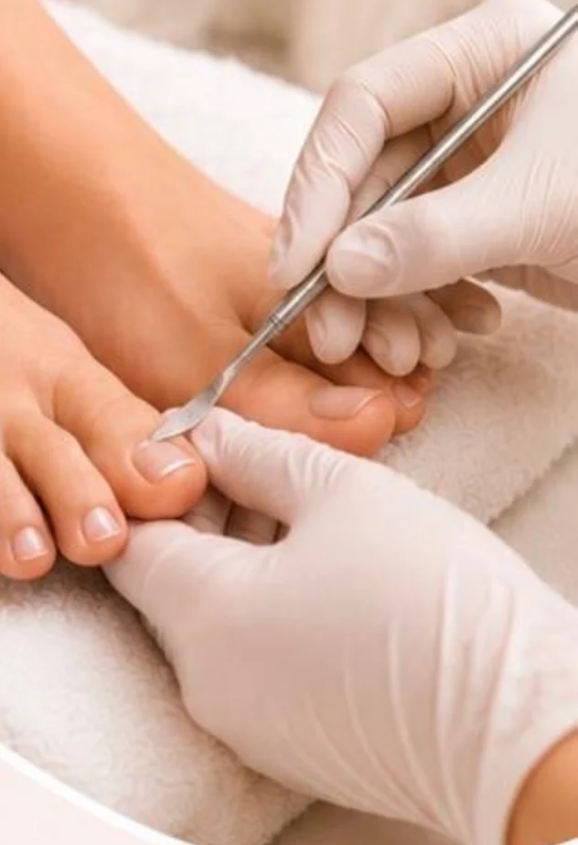 Soin des pieds prodigué à domicile par une infirmière auxiliaire, avec gants et instrument stérilisé